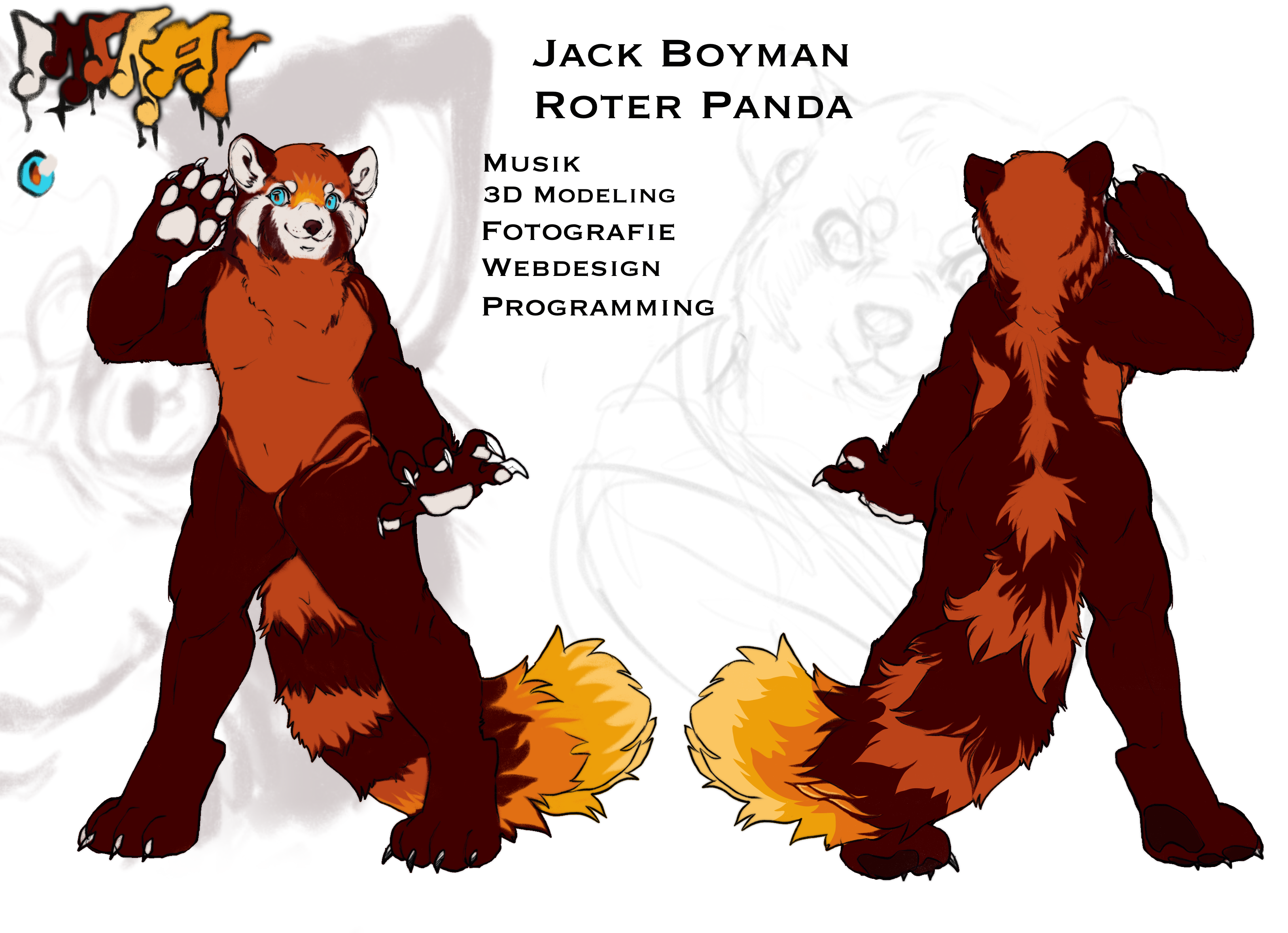 Jackboyman red panda reference sheet, front and back